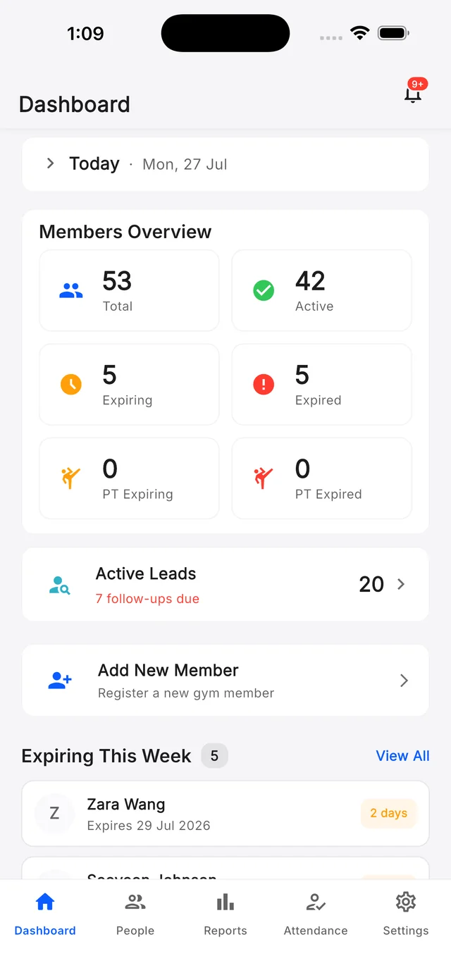 Gym Ledger dashboard showing active leads and follow-ups due