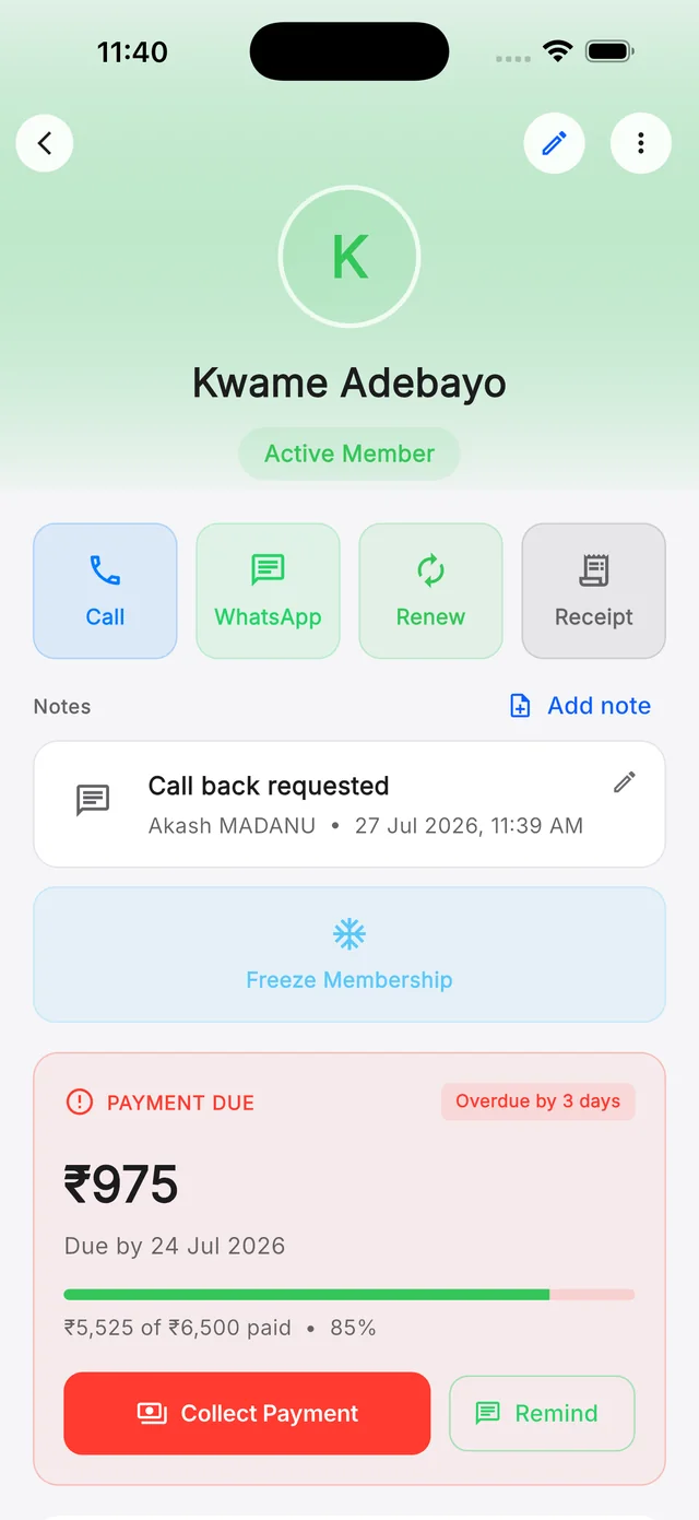 Gym Ledger member detail showing a member's plan and personal training status