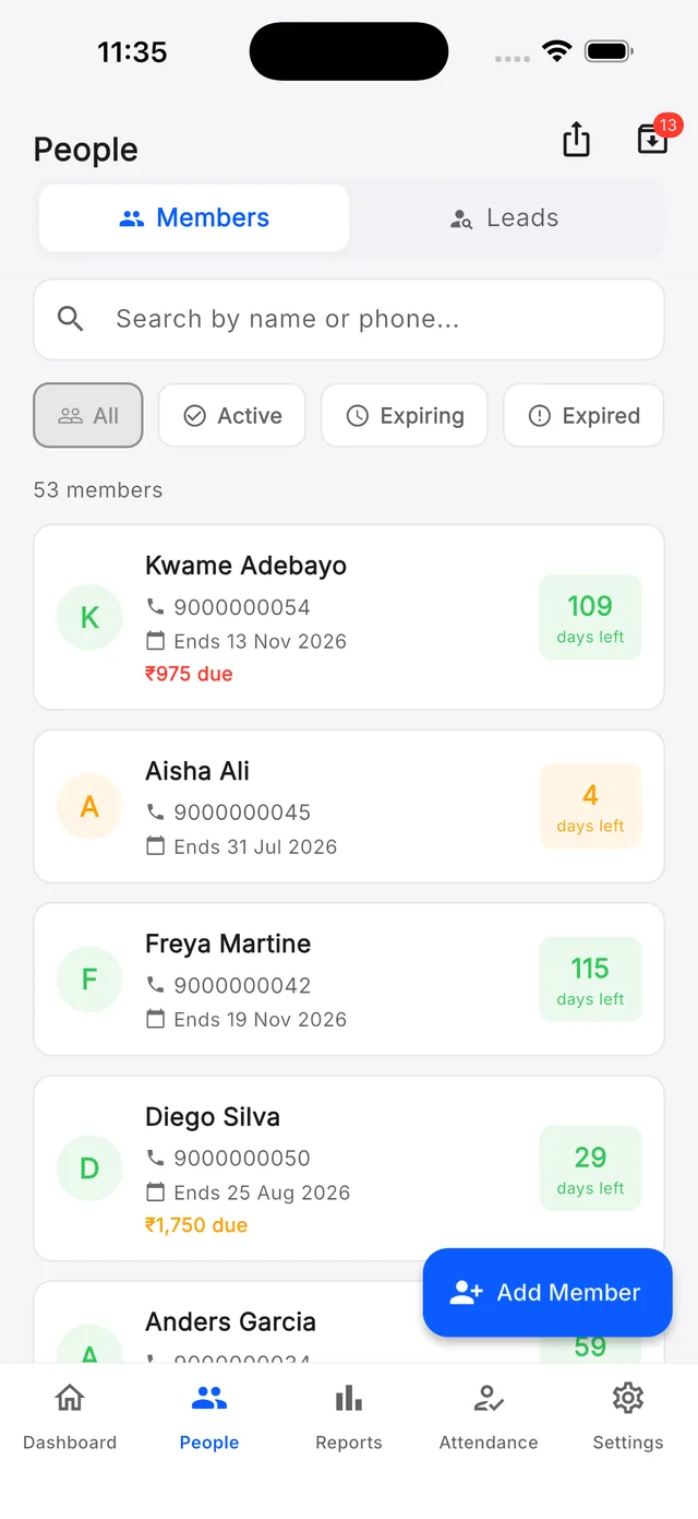Gym Ledger member list showing active members and their plan status