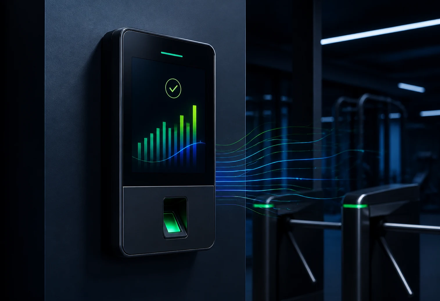 Generic biometric access-control machine visualizing attendance data at a gym entrance