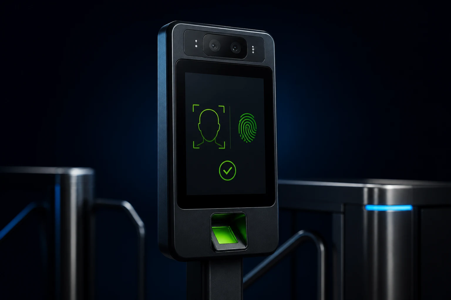 Concept biometric access-control machine showing a successful gym fingerprint check-in