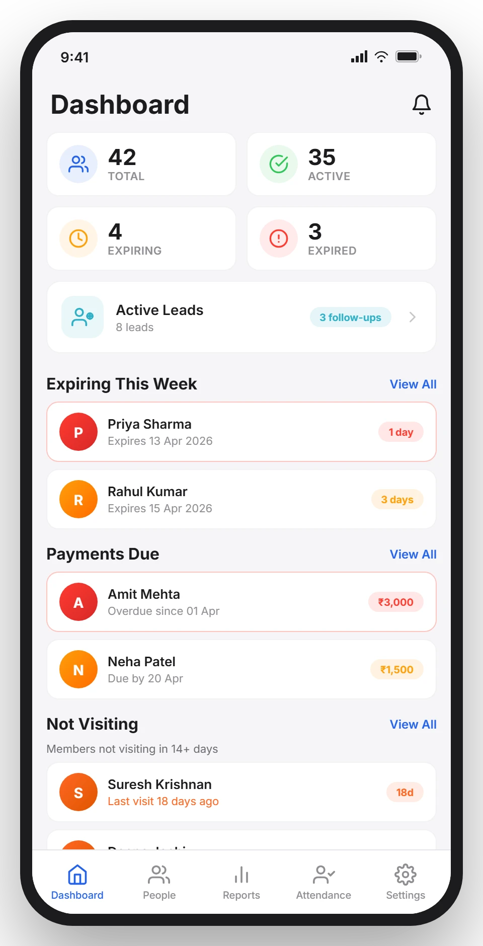 GymLedger dashboard showing active members, revenue stats, expiring memberships, and payments due