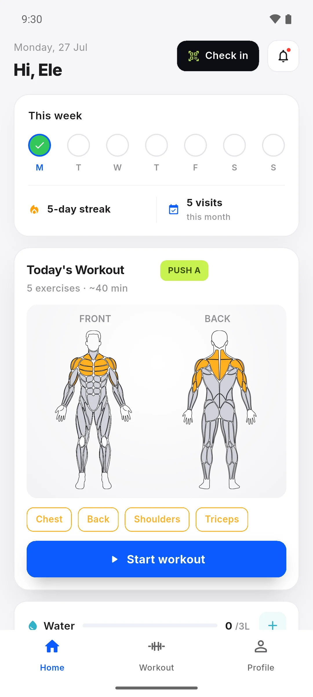 Gym Ledger member app showing weekly visits, today's workout and Home, Workout and Profile navigation
