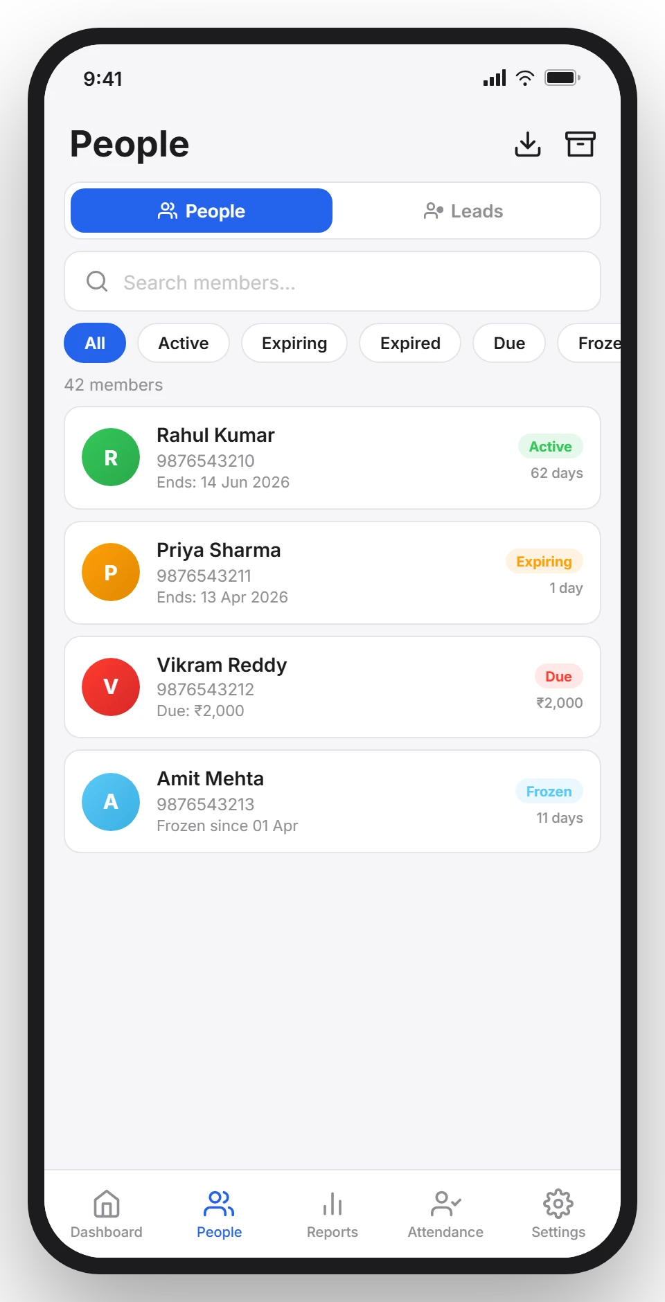 GymLedger member management screen with search, status filters, and member cards